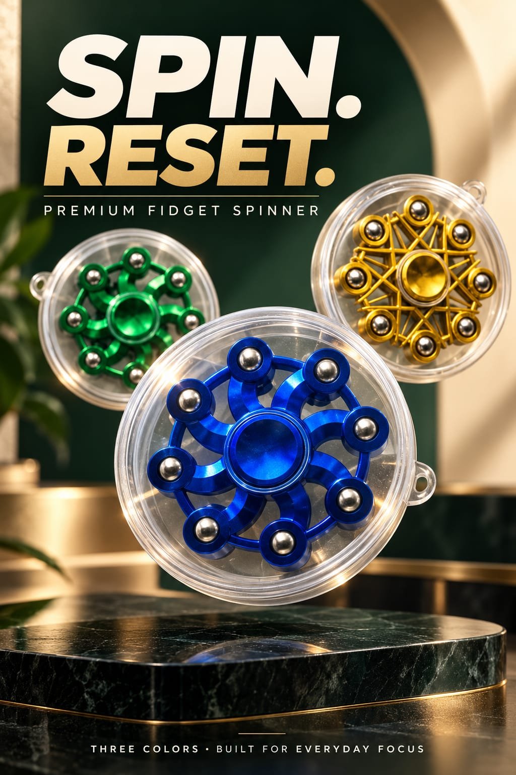 Premium Metal Fidget Spinner with Case | Blue, Green & Gold from Shiv Stationery