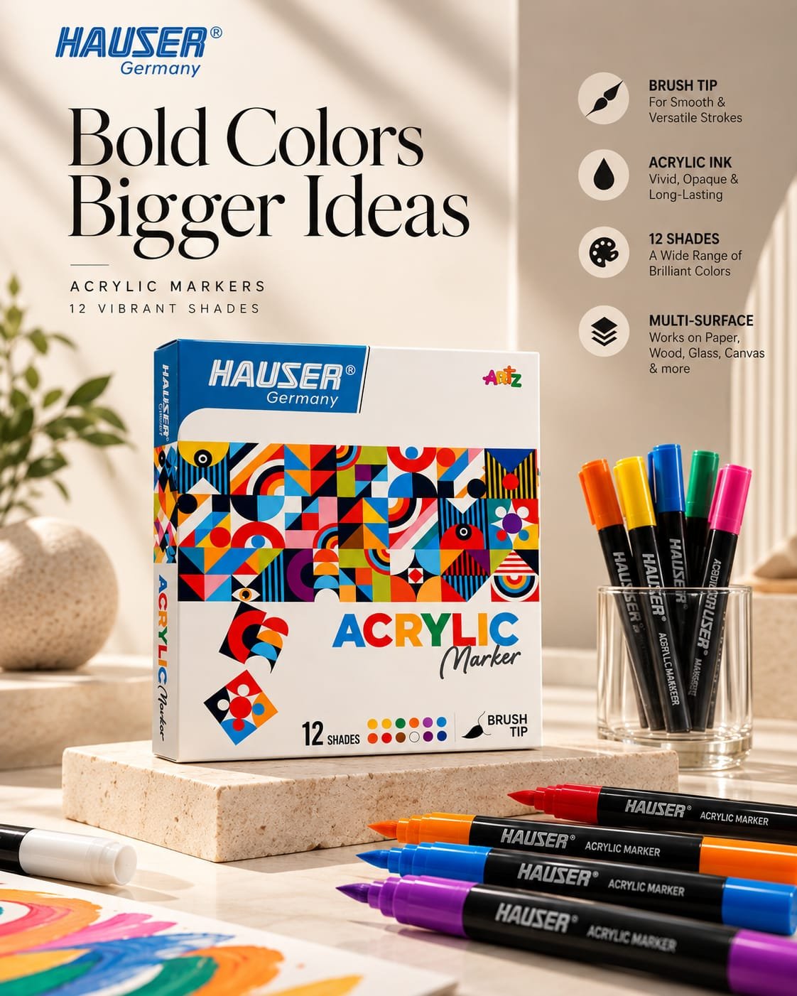 Hauser Acrylic Markers 12 Shades | Brush Tip Multi-Surface Paint Pens