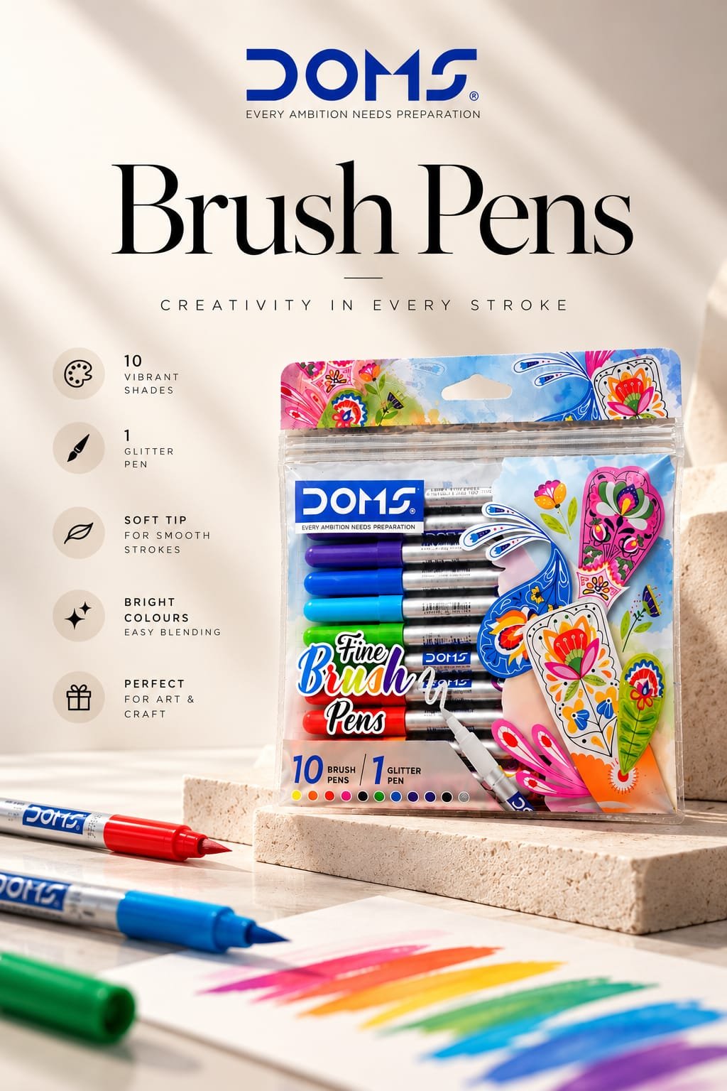 DOMS Fine Brush Pens 10 Shades + 1 Glitter Pen | Soft Tip Brush Pens
