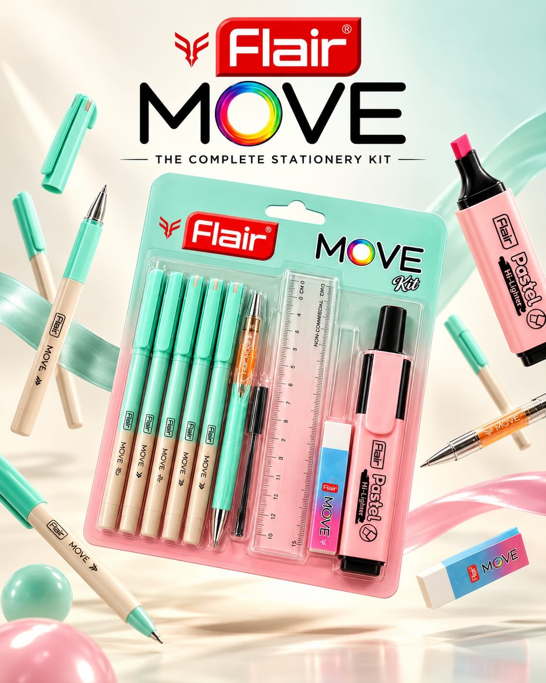 Flair Move Stationery Kit | Pens, Highlighter, Ruler & Eraser