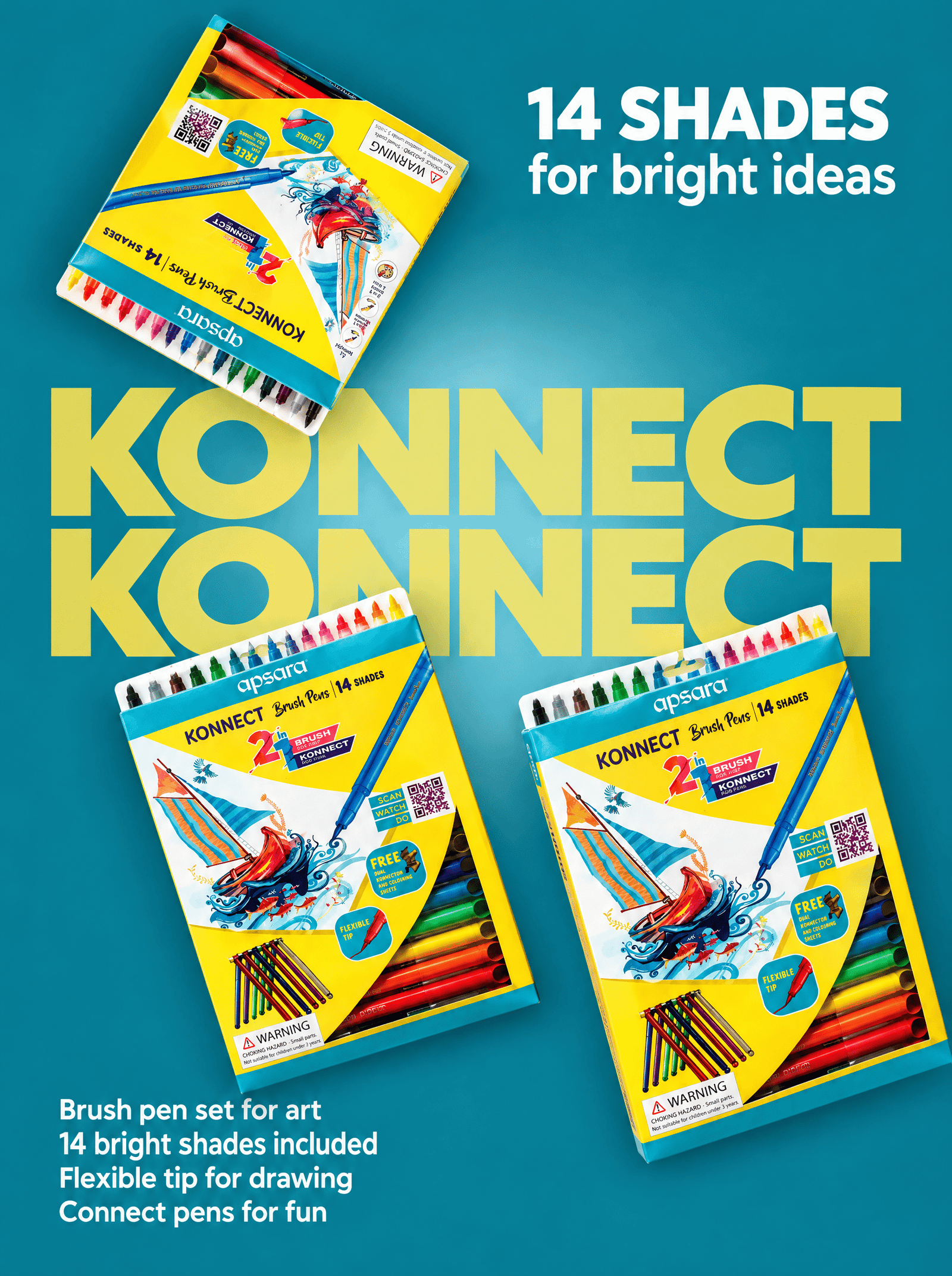 Apsara Konnect Brush Pens Set of 14 Shades | Flexible Tip Sketch Pens