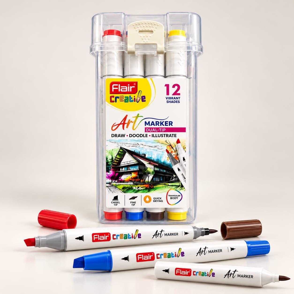 Flair Creative Dual-Tip Art Markers 12 Shades | Chisel & Fine Tip