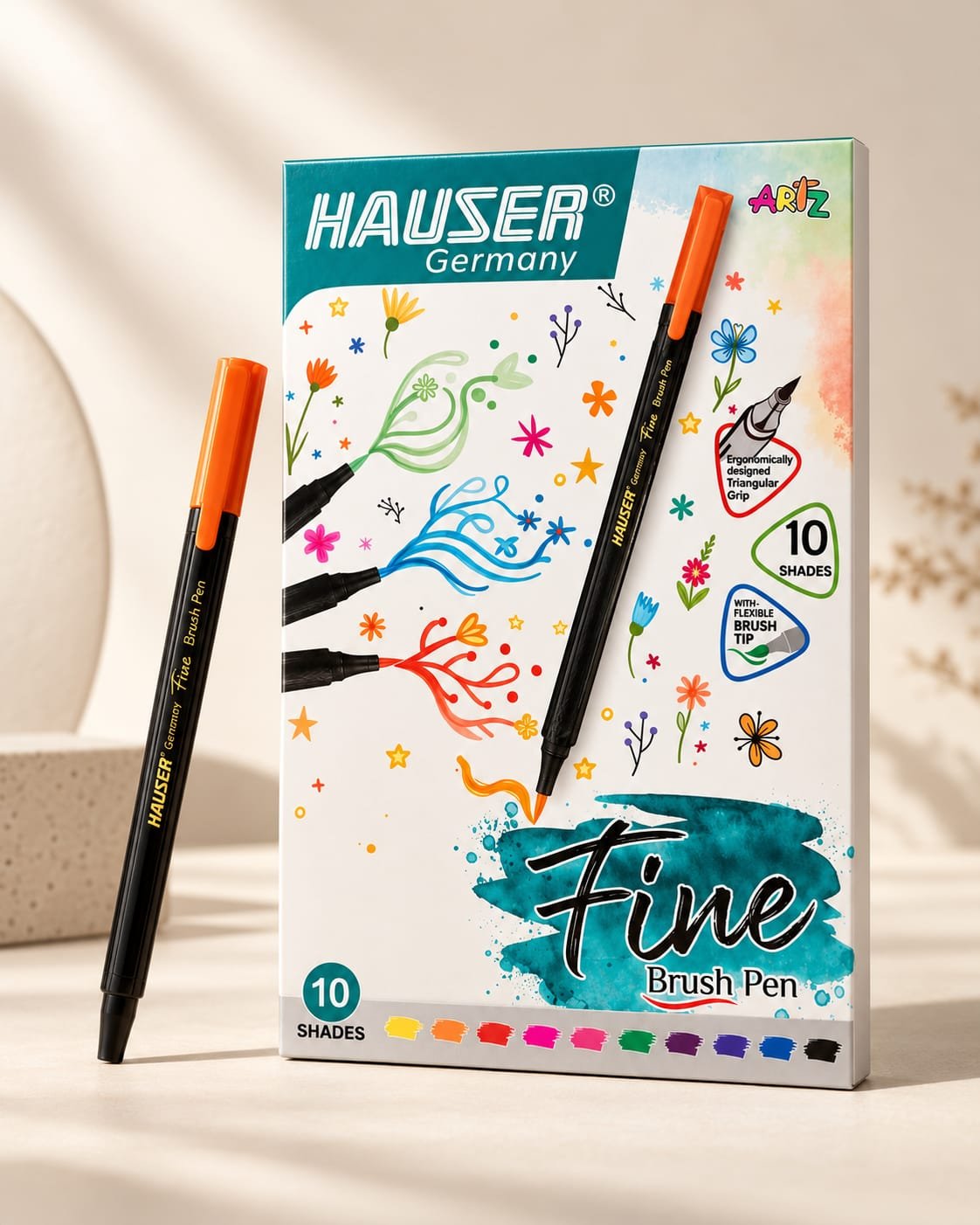 Hauser Fine Brush Pens 10 Shades | Flexible Tip, Triangular Grip
